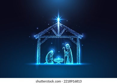 Christmas Nativity scene with the Holy Family in Stable glowing silhouettes in futuristic glowing low polygonal style on dark blue background. Modern abstract connection design vector illustration