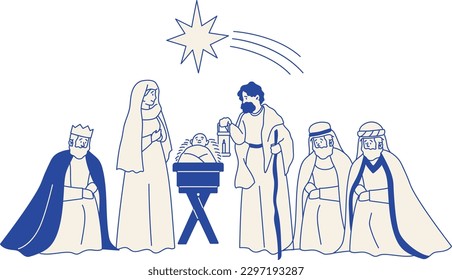 christmas nativity scene with holy family, merry christmas vector illustration design