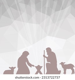 A Christmas nativity scene with the holy family, including baby Jesus in the manger and copy space in the background.