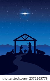 Christmas Nativity Scene: The Holy Family in the desert at night.