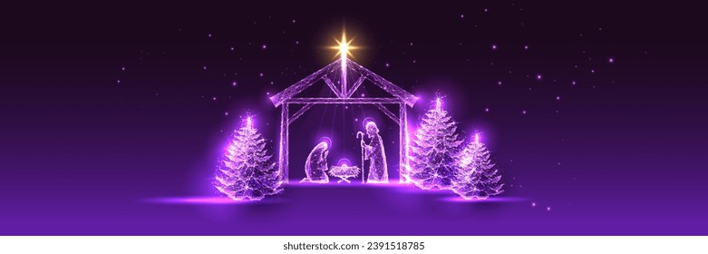 Christmas Nativity scene with the Holy Family in Stable and Christmas trees glowing silhouettes in futuristic glowing low polygonal style on purple background. Abstract design vector illustration