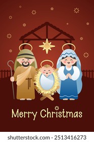 Christmas Nativity Scene. The Holy Family and the falling star of Bethlehem. Cute cartoon characters. Vector illustration.