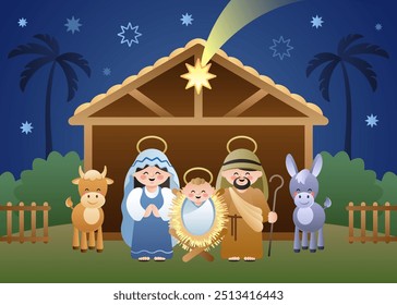 Christmas Nativity Scene with Holy Family and shooting Star of Bethlehem. Cute cartoon characters. Vector illustration.