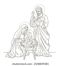 Natal Natividade cena, com Sagrada Família, mão desenhada com linhas pretas.