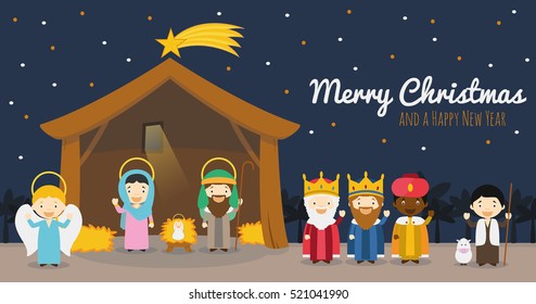 Christmas nativity scene with holy family, the three wise men and star of Bethlehem Vector background