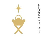 christmas nativity scene, Holy Night: baby Jesus in a manger and star of Bethlehem; golden icon- vector illustration