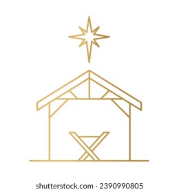 christmas nativity scene, Holy Night: manger, shed and Star of Bethlehem golden icon- vector illustration