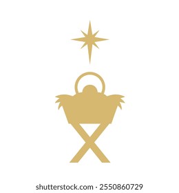 christmas nativity scene, Holy Night: baby Jesus in a manger and star of Bethlehem; golden icon- vector illustration