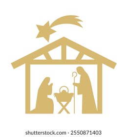 christmas nativity scene, Holy Night: Mary and Joseph with baby Jesus in a manger, shed and Star of Bethlehem golden icon- vector illustration
