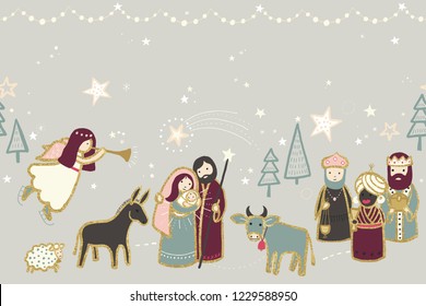 Christmas Nativity Scene Illustration, Horizontal Border Vector Seamless Pattern
