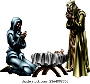 A Christmas Nativity Scene illustration with Mary, Joseph and baby Jesus.