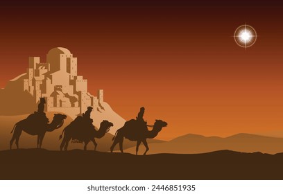 A Christmas Nativity Scene illustration with the three wise men or magi travelling following the star.