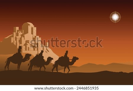 A Christmas Nativity Scene illustration with the three wise men or magi travelling following the star.