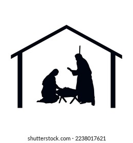 Christmas nativity scene. Jesus with his parents. Vector graphics