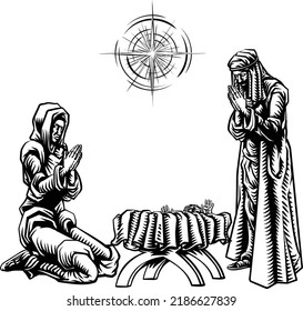Christmas nativity scene of Jesus in the manger under the star of Bethlehem in a vintage woodcut style 