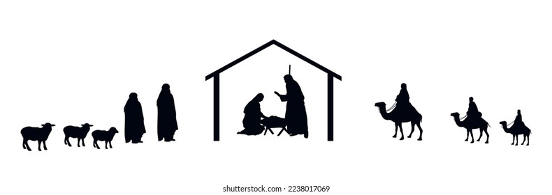 Christmas nativity scene. Jesus, shepherds and wise men. Vector graphics