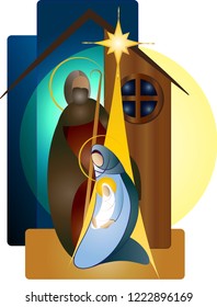 Christmas nativity scene - Joseph Mary and baby Jesus. Vector color illustration.