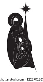 Christmas nativity scene - Joseph Mary and baby Jesus. Vector black and white illustration.