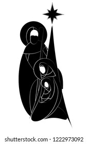 Christmas nativity scene - Joseph Mary and baby Jesus. Vector black and white drawing illustration.
