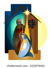 Christmas nativity scene - Joseph Mary and baby Jesus in a stable. Vector color illustration.