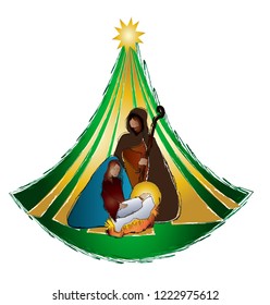 Christmas nativity scene - Joseph Mary and baby Jesus with a christmas tree. Vector color illustration.