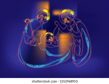 Christmas nativity scene of Joseph and Mary holding baby Jesus, hand drawn sketch, colorful line drawing. Vector abstract of modern church sacred window