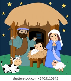 Christmas nativity scene with Joseph, Mary and baby Jesus with cow and sheep, Merry Christmas.