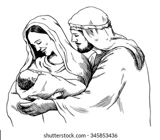 Christmas nativity scene of Joseph and Mary holding baby Jesus, hand drawn sketch