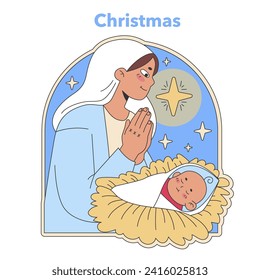 Christmas nativity scene. Mary adoring the newborn Jesus under the star of Bethlehem, capturing the essence of Christian joy and celebration. Flat vector illustration