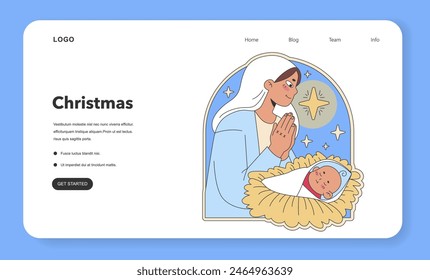 Christmas nativity scene. Mary adoring the newborn Jesus under the star of Bethlehem, capturing the essence of Christian joy and celebration. Flat vector illustration