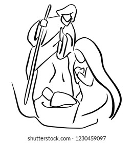 Christmas nativity scene with Mary, Joseph and baby Jesus vector illustration sketch doodle hand drawn with black lines isolated on white background. 