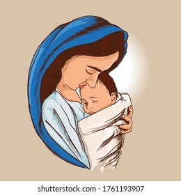 Christmas nativity scene mother Mary and Baby Jesus vector illustration