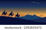 Christmas Nativity Scene - Three Wise Men go to Bethlehem in the desert at night