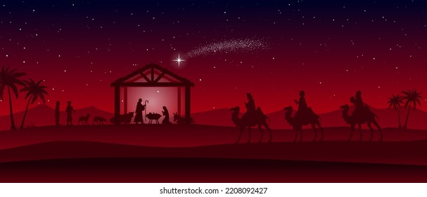 Christmas Nativity scene: Three Wise Men go to the stable, in the desert setting at night. Greeting card background Vector EPS10.