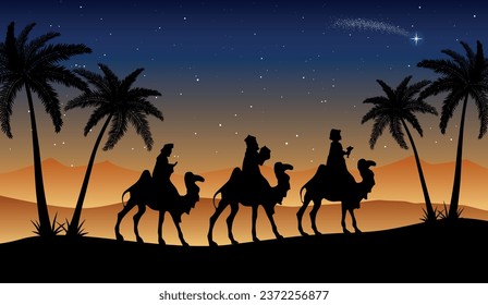 Christmas Nativity Scene: Three Wise Men go to the manger in the desert at night.