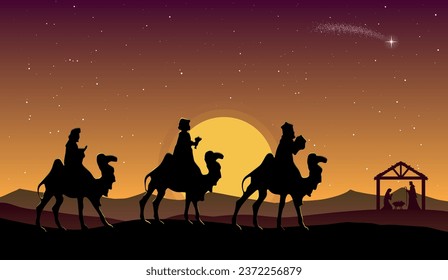 Christmas Nativity Scene: Three Wise Men go to the manger in the desert at dusk.