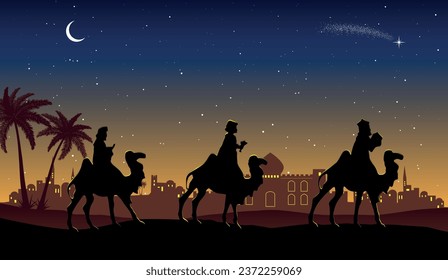 Christmas Nativity Scene: Three Wise Men go to Bethlehem in the desert at night.