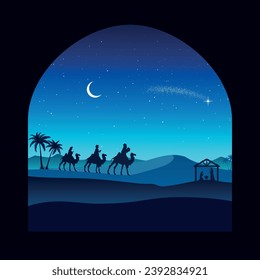 Christmas Nativity Scene - Three Wise Mens go to the stable in the desert