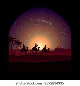 Escena de la Natividad de Navidad - Tres hombres sabios van a Belén por la noche en el desierto