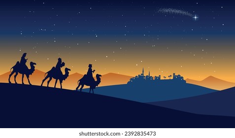 Christmas Nativity Scene - Three Wise Men go to Bethlehem in the desert at night