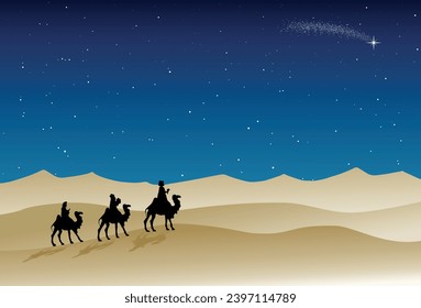 Christmas Nativity Scene - Three Wise Men travel in the desert
