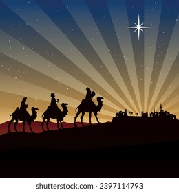 Christmas Nativity Scene - Three Wise Men go to Bethlehem in the desert at night