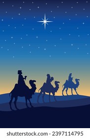 Christmas Nativity Scene - Three Wise Men in the desert at night