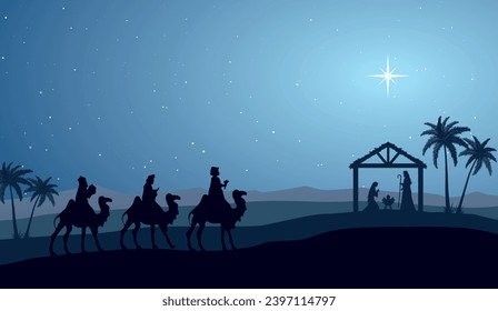 Christmas Nativity Scene - Three Wise Men travel in the desert at night