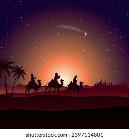 Christmas Nativity Scene - Three Wise Men go to Bethlehem in the desert at night