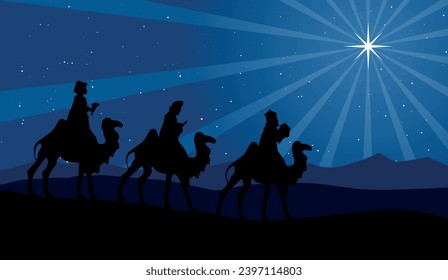 Christmas Nativity Scene - Three Wise Men in the desert at night