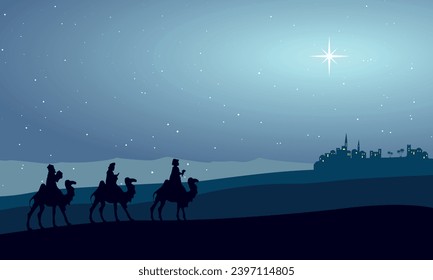 Christmas Nativity Scene - Three Wise Men go to Bethlehem in the desert at night