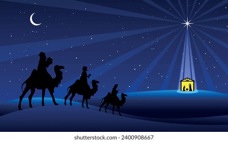 Christmas Nativity Scene - Three Wise Mens go to the stable in the desert at night