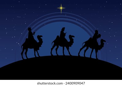 Christmas Nativity Scene - Three Wise Men in the desert at night