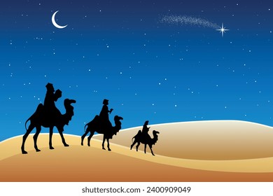 Christmas Nativity Scene - Three Wise Men in the desert at night